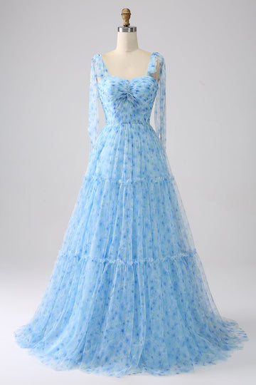 Light Blue A-Line Spaghetti Straps Long Ball Dress